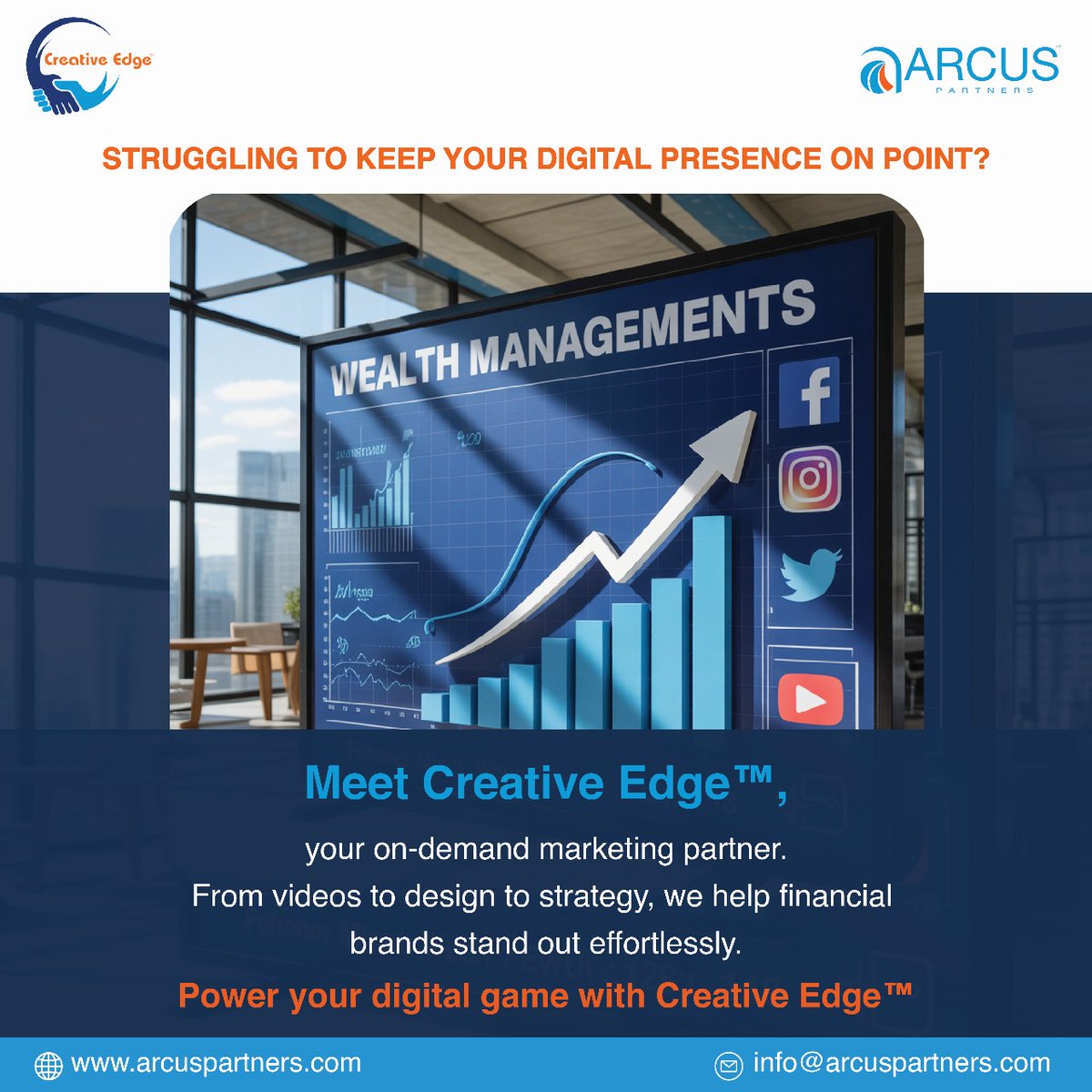 Your digital presence shouldn’t feel like a full time battle. With Creative Edge™, marketing becomes effortless, from sleek videos to smart design and strategy, we help financial brands shine in the digital space.
Level up your content game, stay ahead, and let creativity do the