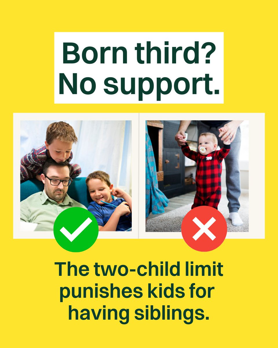 ❗ More children are being pushed to food banks each day because of the two-child limit.

No child should know what a food bank is, let alone need one. 

Ask your MP to write to the Chancellor to remove the two-child limit now 👉 bit.ly/4ovyIAj