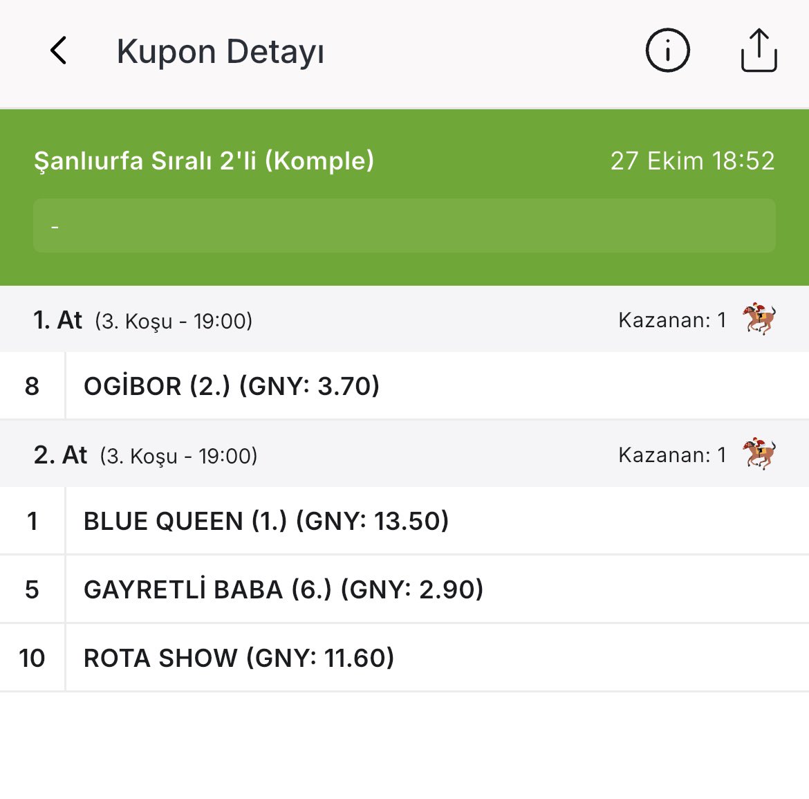 İstanbul,Ankara bana son zamanlar daha Urfa görününce; Doğu yarışları daha kolay gelmeye başladı sanki... Sık sık Urfa ve Elazığ’dan kazanır oldum ya ben:)))