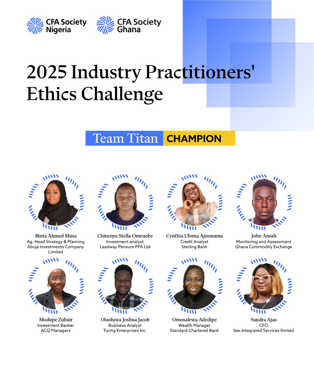 CFA Society Nigeria (@cfasocietyng) on Twitter photo Congratulations to Team Titan, the Champion of the 2025 Industry Practitionersβ Ethics Challenge (IPEC)! πYour clarity, teamwork, and sound ethical reasoning truly stood out. An inspiring performance all through!
#CFANaija #CFAGhana #CFANaijaIPEC #EthicsChallenge #CFAInstitute Congratulations to Team Titan, the Champion of the 2025 Industry Practitionersβ Ethics Challenge (IPEC)! πYour clarity, teamwork, and sound ethical reasoning truly stood out. An inspiring performance all through!
#CFANaija #CFAGhana #CFANaijaIPEC #EthicsChallenge #CFAInstitute
