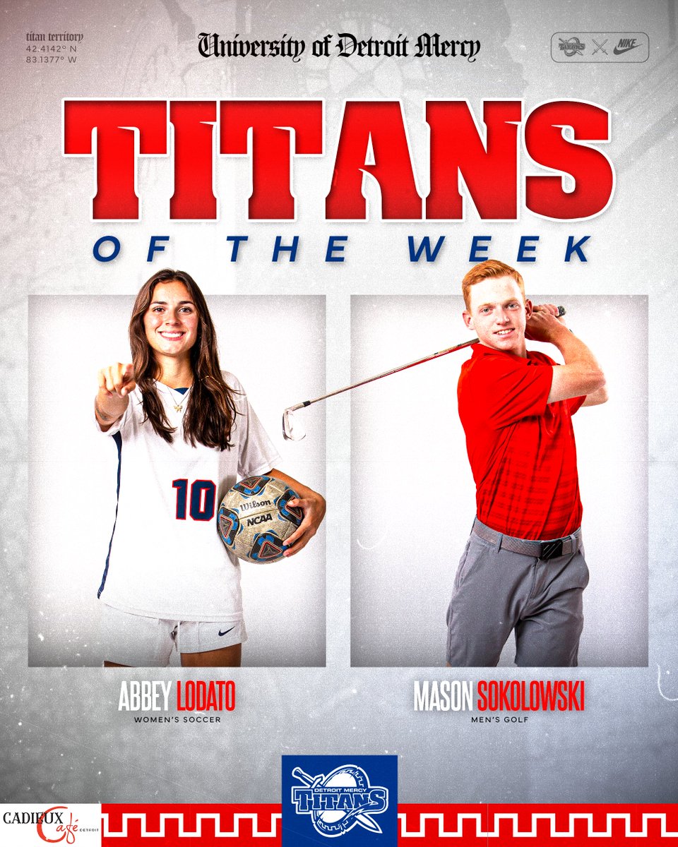 detroittitans's tweet image. 👏 Congrats to your Charles Rutherford Titans of the Week presented by @Cadieuxcafe 👏

@DetroitMGolf  Junior Mason Sokolowski registered his fourth career top-20 performance, sharing 17th place with a 221 (71-77-73) at the Xavier Invitational.

@DetroitWSOC  Senior Abbey Lodato…