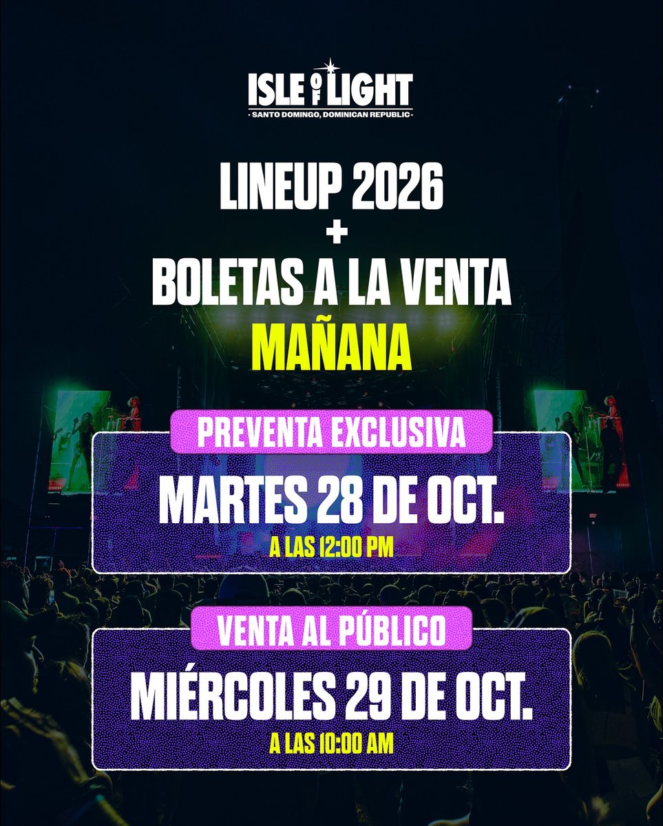 isleoflightfest's tweet photo. Último chance! Regístrate https://t.co/TSaWrCcTq4 para ser el primero en ver el LINEUP 2026 + acceso a la PREVENTA EXCLUSIVA 🔥
La preventa comienza MAÑANA (28 OCT, 12:00 PM) 👀
Asegura tus boletas antes que to’ el mundo y al mejor precio. 🎟️
#IOL2026 #isleoflight #musicfest https://t.co/0uC5tyQpxJ