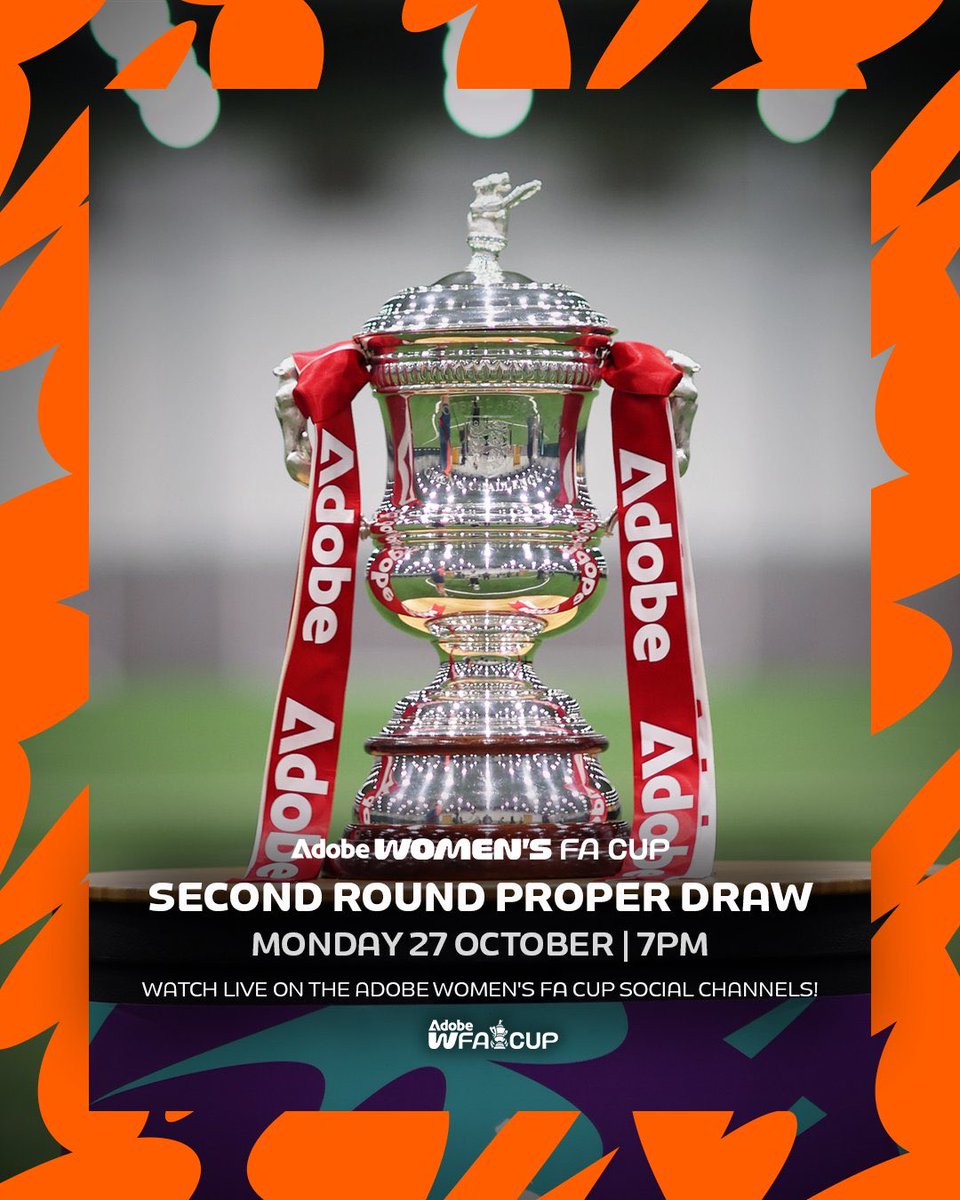 The draw for the second round proper will be available to watch LIVE on our #AdobeWomensFACup social channels! 🏆

🗓️ Monday 27 October
📲 YouTube, TikTok, X and Facebook
⏰ 7pm

Who do you want your team to draw? 👀

🔗the-fa.com/decf1q
