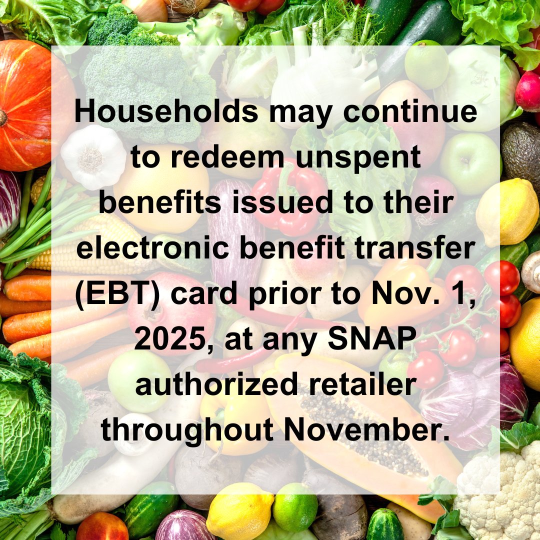 GaBudget's tweet photo. DHS has clarified that SNAP recipients can use their EBT card with any unspent SNAP benefits in November. However, the Nov. SNAP benefits will be suspended until federal funds are available. If you are in need of food, you can find a local food bank  at https://t.co/9ZCbGJvUnM https://t.co/A64xZRiAc3