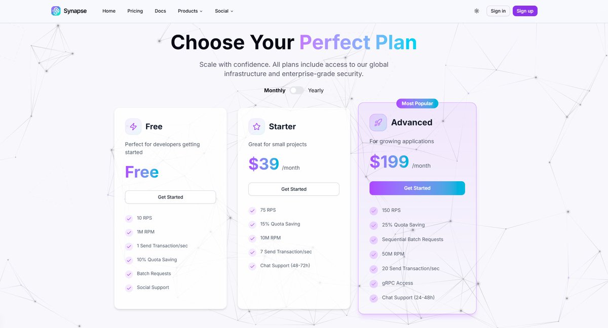OOBEonSol's tweet image. 🟩AI-optimized RPC built for automation, speed, and scalability.
🟩Customizable for every project size.
🟩On-chain batching, adaptive quotas, transparent  & fair pricing.
💳Here is our pricing model with flexible tiers for @SynapseOobe👇