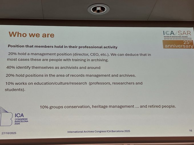 Today's meeting of the Section on Architectural Records of ICA: a summary of 25 years of activity, a brief description of its members and challenges. #ICABarcelona25
<a href="/ICA_SAR/">ICA-Section on Architectural Records</a>
#archivos #arquitectos #archives #arquitecturalrecordsPhotos:Yolanda Cagigas-Ocejo

<a href="/ycagigas/">Yolanda Cagigas-Ocejo</a>