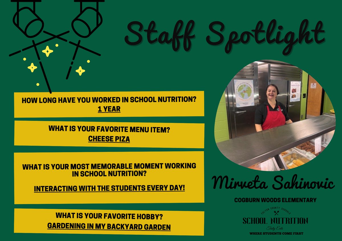 FCSNutrition's tweet photo. Join us as we celebrate our talented &amp; diligent school nutrition professionals!

October Staff Spotlight:
✨ Martina Garcia - Vickery Mill Elementary School
✨ Mirveto Sahinovic - Cogburn Woods Elementary School

#FCSrising #FuelingGA #GSNALegacyBuilders https://t.co/lKe8uKw5L5