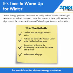 Hutto_Chamber's tweet photo. As temperatures drop, it's essential to prioritize safety. Warm up for winter by following our winter checklist to keep you and your loved ones warm and secure this season! ❄️

#AtmosEnergy #winter #huttochamber https://t.co/XFrwy87W9D