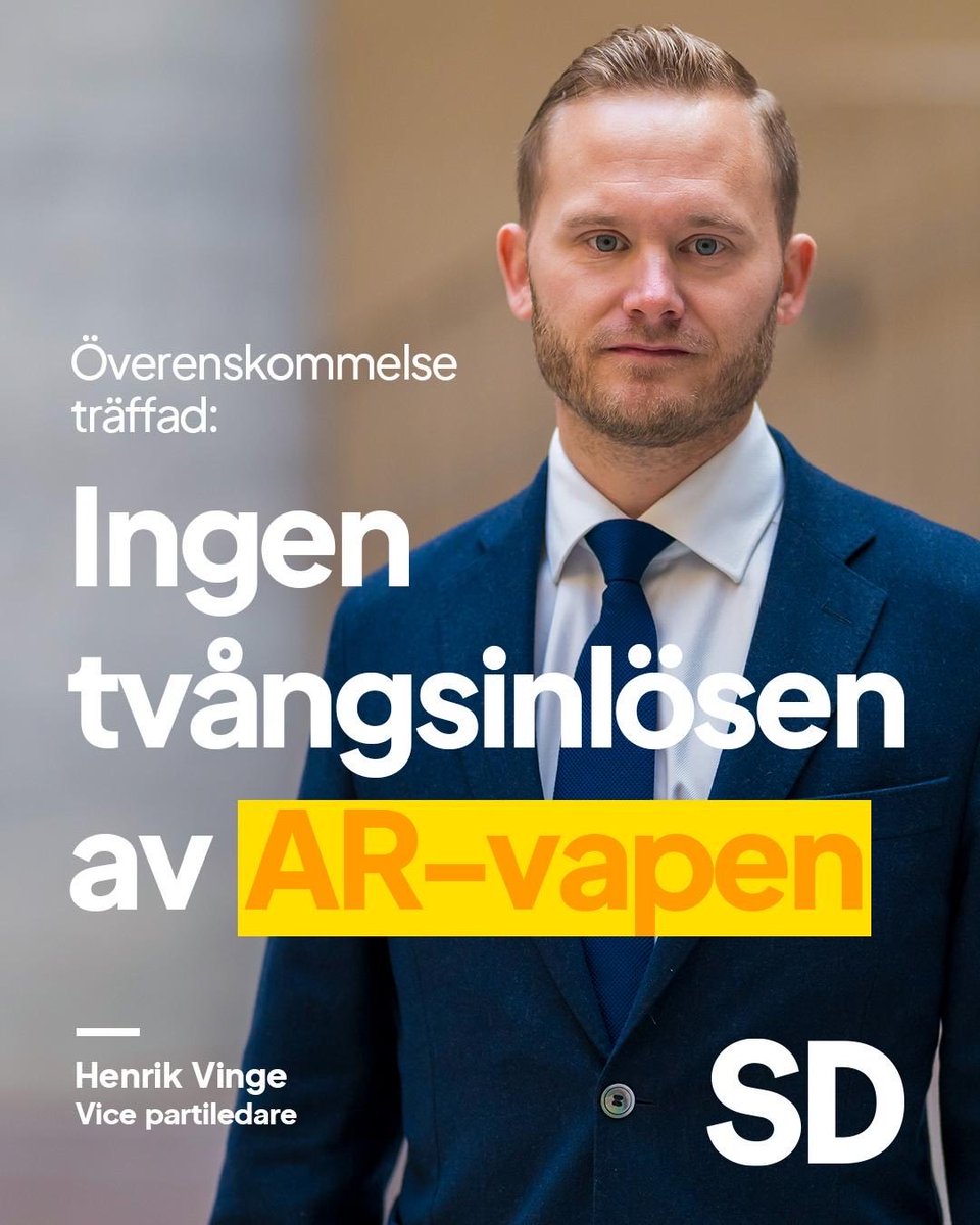sdriks's tweet image. Den tidigare föreslagna modellen, där befintliga tillstånd för jakt med AR-vapen skulle upphöra att gälla och där vapnen därefter skulle tvångsinlösas, kommer inte att genomföras enligt en ny överenskommelse mellan Sverigedemokraterna, Moderaterna, Kristdemokraterna och…
