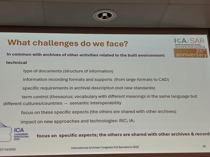 Today's meeting of the Section on Architectural Records of ICA: a summary of 25 years of activity, a brief description of its members and challenges. #ICABarcelona25
<a href="/ICA_SAR/">ICA-Section on Architectural Records</a>
#archivos #arquitectos #archives #arquitecturalrecords
Photos: Yolanda Cagigas-Ocejo <a href="/ycagigas/">Yolanda Cagigas-Ocejo</a>