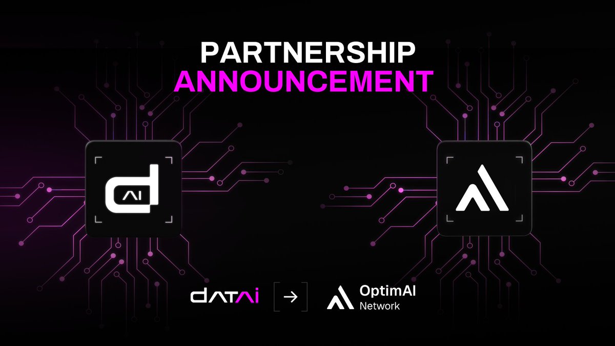 Datai Network (@datainetwork) on Twitter photo OptimAI × Datai Network  🤝
Two AI ecosystems, one mission: to make intelligence decentralized, verifiable, and user-owned.
<a href="/OptimaiNetwork/">OptimAI Network</a> is building the world’s largest agentic AI network, enabling autonomous systems that think and act across the web.
Datai Network brings OptimAI × Datai Network  🤝
Two AI ecosystems, one mission: to make intelligence decentralized, verifiable, and user-owned.
<a href="/OptimaiNetwork/">OptimAI Network</a> is building the world’s largest agentic AI network, enabling autonomous systems that think and act across the web.
Datai Network brings