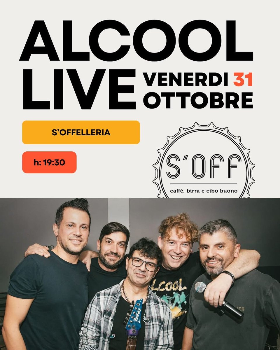 AlcoolBand's tweet photo. 🔥 Venerdì 𝟯𝟭 𝗼𝘁𝘁𝗼𝗯𝗿𝗲 arriva a S’Off la tribute band del Blasco più esplosiva di sempre! 🎸

Preparate la voce e i bicchieri, perché gli @alcooltributeband ci faranno cantare, saltare e bere come solo Vasco sa ispirare 🤘🍻 https://t.co/hhiBjFTgS0