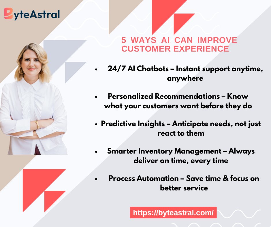byteastral_tech's tweet image. 5 ways AI improves customer experience:

24/7 chatbots
Personalized recommendations
Predictive insights
Smarter inventory
Automation for better service

AI helps businesses serve smarter — not harder. 🚀
🔗 byteastral.com

#ByteAstral #AI #CustomerExperience