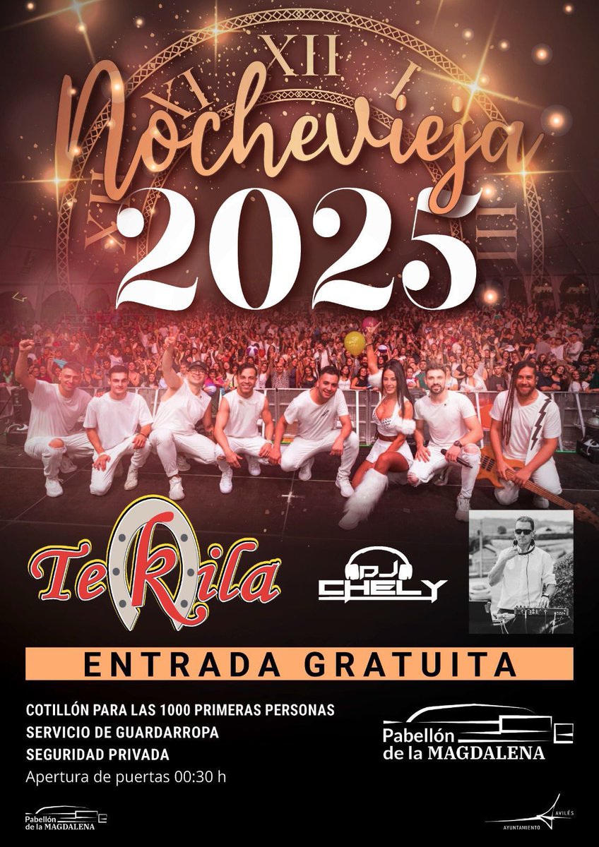 🍾 ¡Avilés recibirá al 2026 a ritmo del grupo Tekila en el Pabellón de La Magdalena!

📌Fiesta gratuita tras las campanadas, desde las 00:30h
👉Los 1.000 primeros asistentes tendrán como regalo una bolsa de cotillón 
👉Habrá bus lanzadera gratuito

ℹ️ Más: aviles.es/w/avil%C3%A9s-…