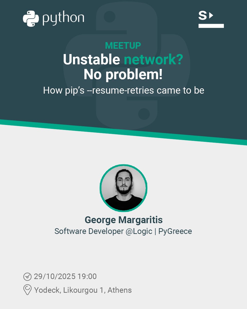 StarttechVC's tweet image. 🐍 Kicking off the season with #Athens_Python_Meetup!
Oct 29 at 19:00 at @YodeckSignage Offices
#Giorgos_Margaritis dives into pip’s --resume-retries and open-source dev.
Co-curator: @StarttechVC
#PythonMeetup #OSS #Athens