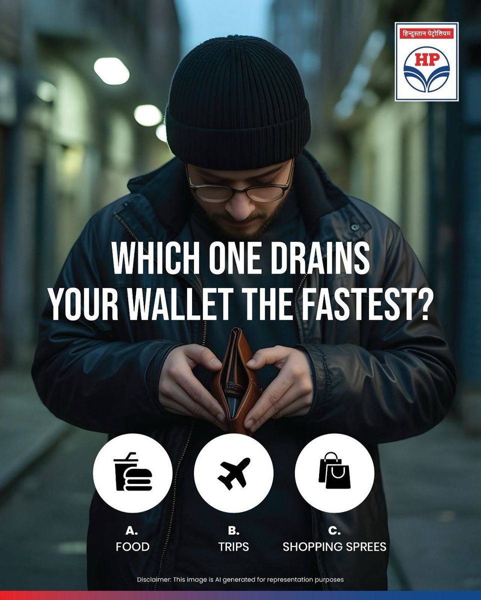HPCL's tweet image. We’ve all got that one thing that makes our wallet go light! 😅

Pick yours — A, B, or C! 

 #Fuel #Expenses #Wallet #Trips