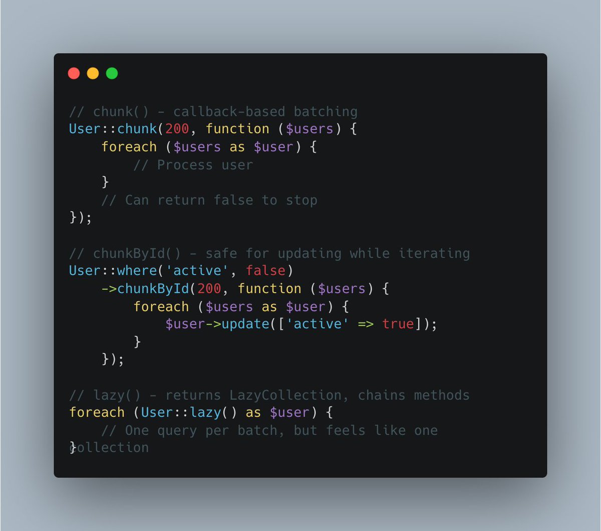 renatohysa's tweet image. Processing huge datasets wrong?
Perfect for:
✅ Handle millions of records
✅ Right tool for the job
✅ Safe updates while iterating
✅ Chain methods on big data
Memory matters 🧠
{{laravelhashtag}}