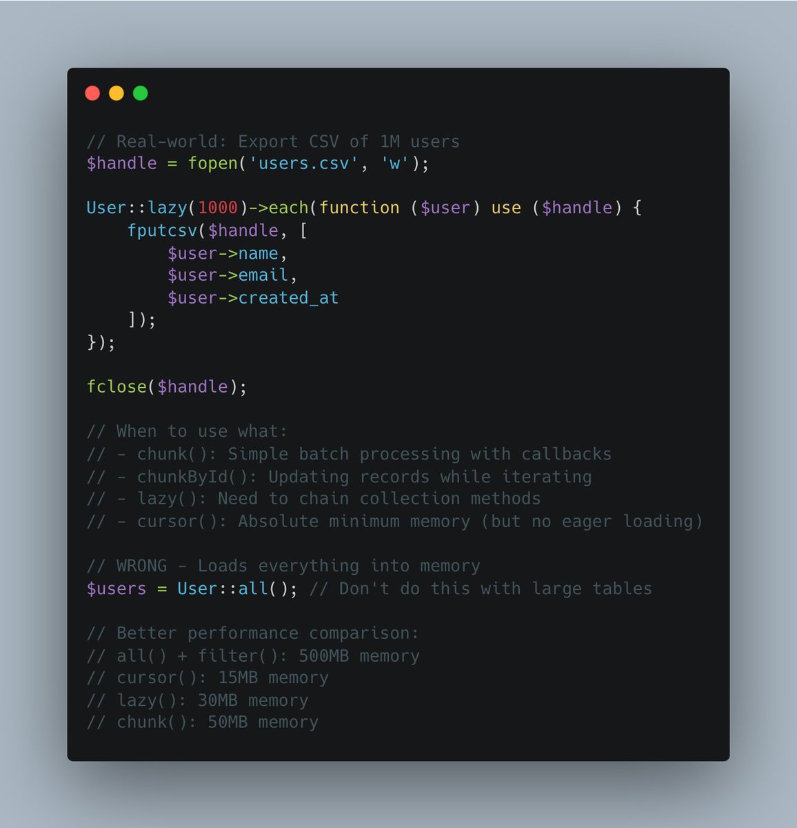 renatohysa's tweet image. Processing huge datasets wrong?
Perfect for:
✅ Handle millions of records
✅ Right tool for the job
✅ Safe updates while iterating
✅ Chain methods on big data
Memory matters 🧠
{{laravelhashtag}}