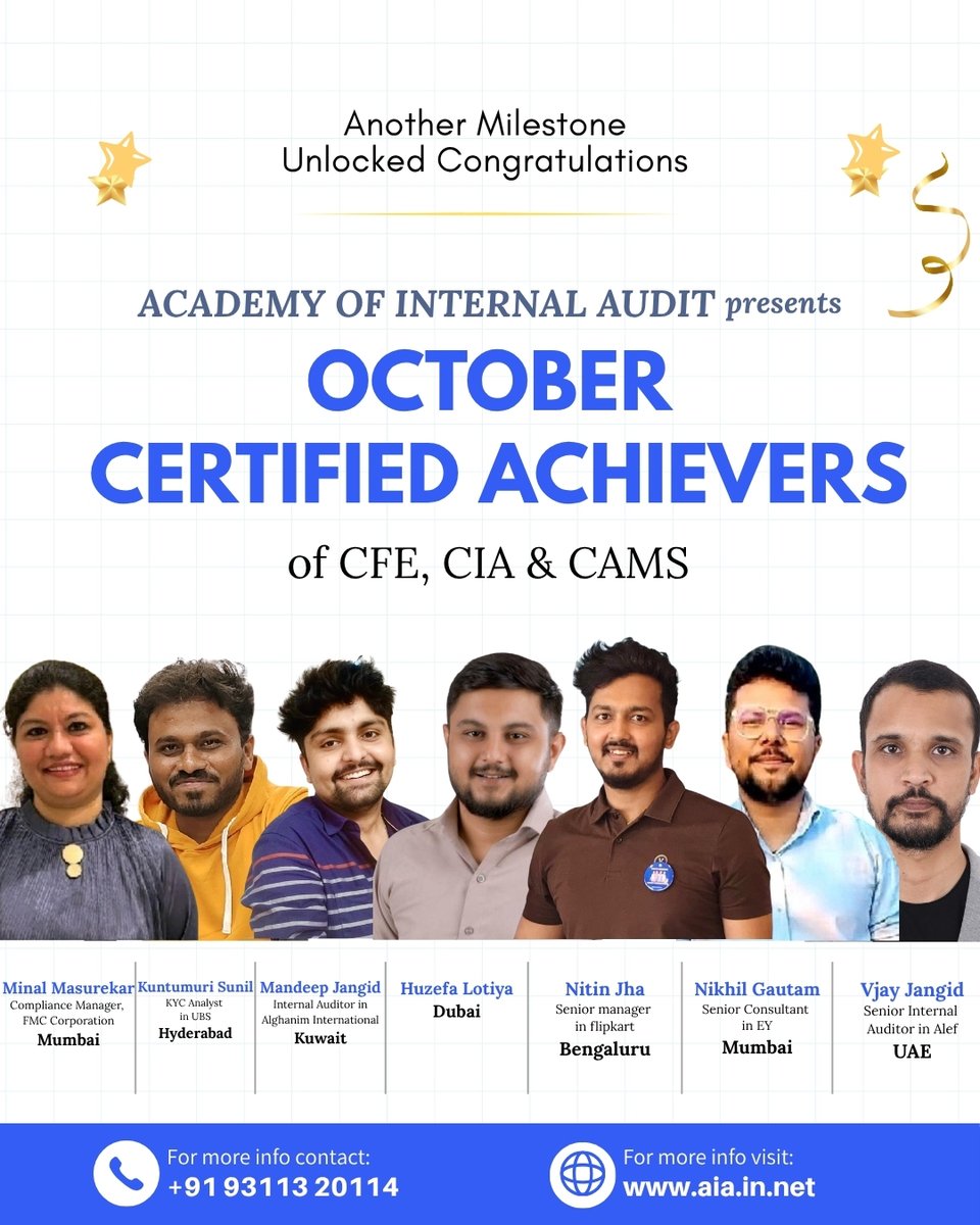 AcademyAudit's tweet photo. Big Congratulations to Our October Achievers! 🎉
Proud moment for the Academy of Internal Audit (AIA) as our learners continue to shine globally, earning their CIA, CFE & CAMS certifications this October!🌍
#AIA #AcademyOfInternalAudit #CIACertified #CFECertified #CAMSCertified https://t.co/bEbWQ5xJev
