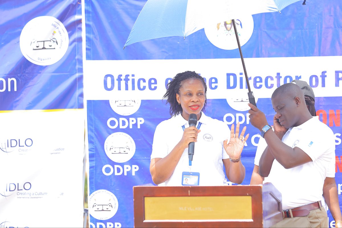 ODPPUGANDA's tweet photo. Head of Department, Inspections, ODPP, Mrs Winifred Ahimbisibwe delivering her remarks during the baraza and letting the public know the areas her department takes on. #PeopleCenteredJustice #ODPPUGANDA #GBVPrevention #LandCrimes #RefugeeProtection #JusticeForAll #IDLO #KingdomofNetherlands