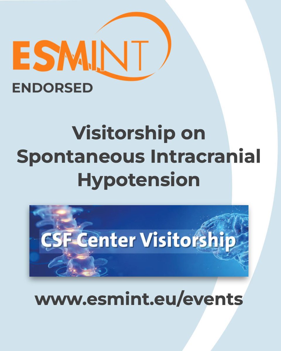 esmintsociety's tweet image. Building multidisciplinary #CSF teams across Europe 🌍 The “Visitorship on Spontaneous Intracranial Hypotension” (Nov 5–7, Freiburg &amp;amp; Bern) empowers clinicians to establish tertiary CSF centers 👉 Endorsed by #ESMINT. Learn more: buff.ly/fANSNuR @Aggour @GuenegoAdrien