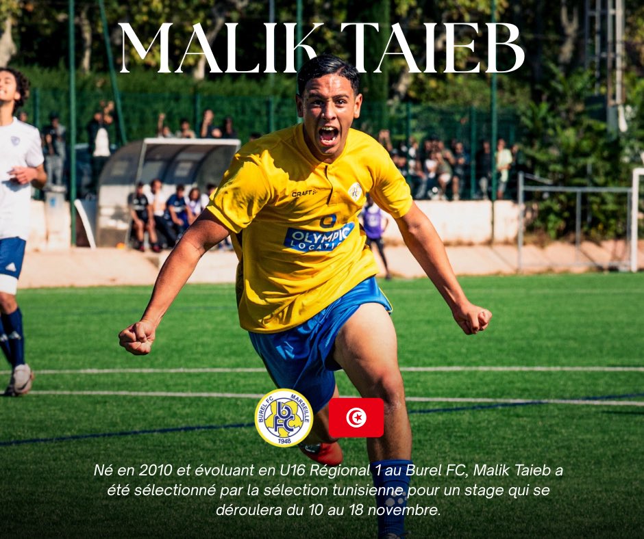 🇹🇳 Malik Taieb sélectionné avec la Tunisie U17 ! ⚽️

Du 10 au 18 novembre, notre jeune Burelois portera les couleurs des Aigles de Carthage 🔥💪

#BurelFC #MalikTayeb #TunisieU17 #FiersDeNosJeunes