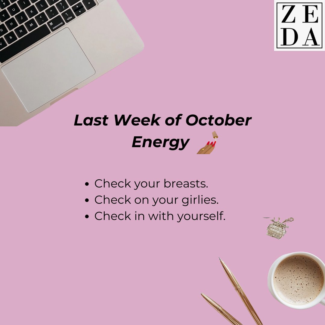 ZedaMedia's tweet photo. Hey girlies 💕 it’s the last week of October!
Quick check-in:
🌸 Did you get your breasts checked this Breast Cancer Awareness Month?
🌸 Did you check on your girlies?
🌸 How are you spending this week?
Let’s finish October glowing + grounded ✨ #Zeda #GirlPower https://t.co/aTUhsbwCce