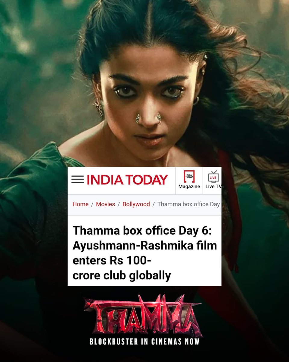 Drstrange_21's tweet photo. 💯Cr in 6 days - that’s what happens when #RashmikaMandanna leads the show 🔥
#Thamma is ruling hearts &amp; charts worldwide 🌎💫
#MegaBlockbuster #BoxOfficeQueen #Thamma https://t.co/auA2mKyTRd