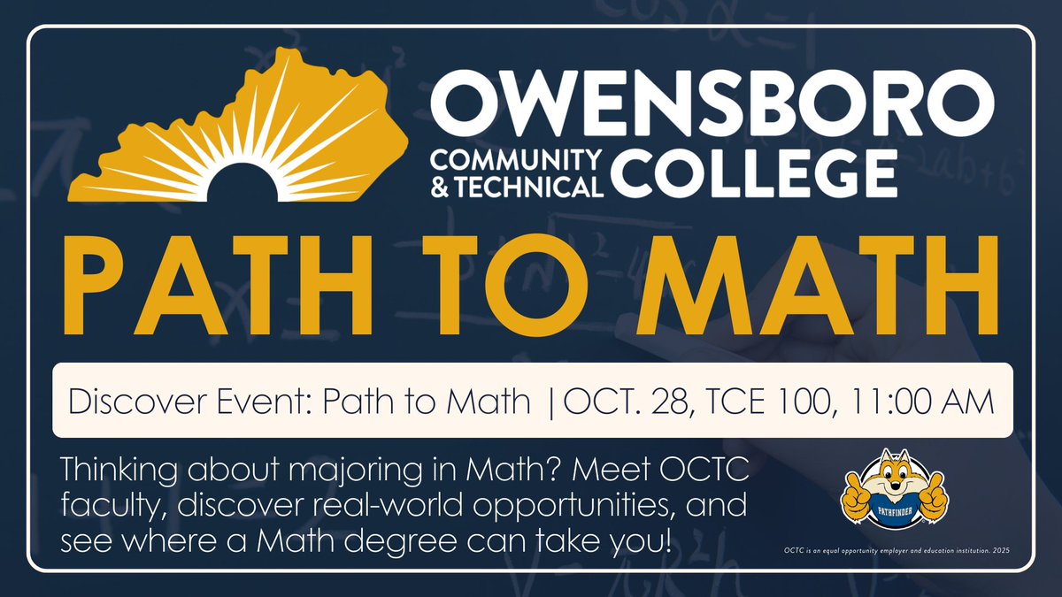 Interested in where a Math degree can take you? Join us for the Discover Event: Path to Math on Tuesday, October 28 at 11:00 AM in TCE 100. 

Meet with OCTC Math faculty and learn about the opportunities available to students who pursue degrees in Mathematics.