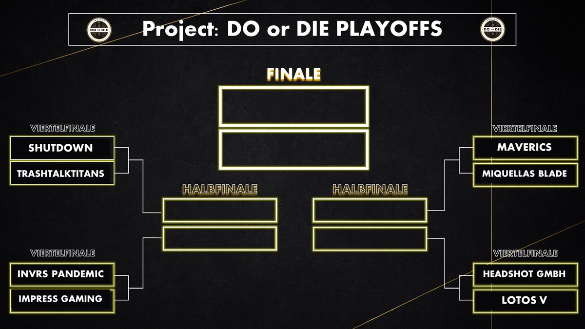 Project: DO or DIE Playoffs 📢

Nach 3 intensiven Wochen, konnten sich 8 Teams aus der Gruppenphase behaupten! ⚡️
Ab jetzt geht es um, Alles oder Nichts - es gibt keine zweite Chance. ❌

Seid ihr bereit?