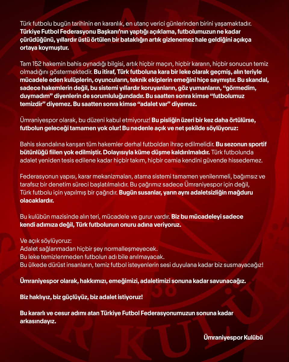 digitalkulube's tweet photo. Ümraniyespor: "Bahis skandalına karışan tüm hakemler derhal futboldan ihraç edilmelidir. Bu sezonun sportif bütünlüğü fiilen yok edilmiştir. Küme düşme kaldırılmalıdır." https://t.co/p5F4uppzxR