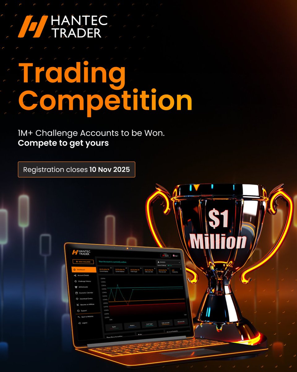 HantecTrader's tweet image. We're back with a TRADING COMPETITION! 🚀

🏆 100 winners
💰 $1M+ in prizes (1st prize: $200K EnhancedX account)
⏳ Registration closes 10th Nov

Think you can secure your spot in the top 100? Prove it 👀

STEP UP. TRADE. COMPETE.

Let’s goooo 🔥

🔗 Register Now:…