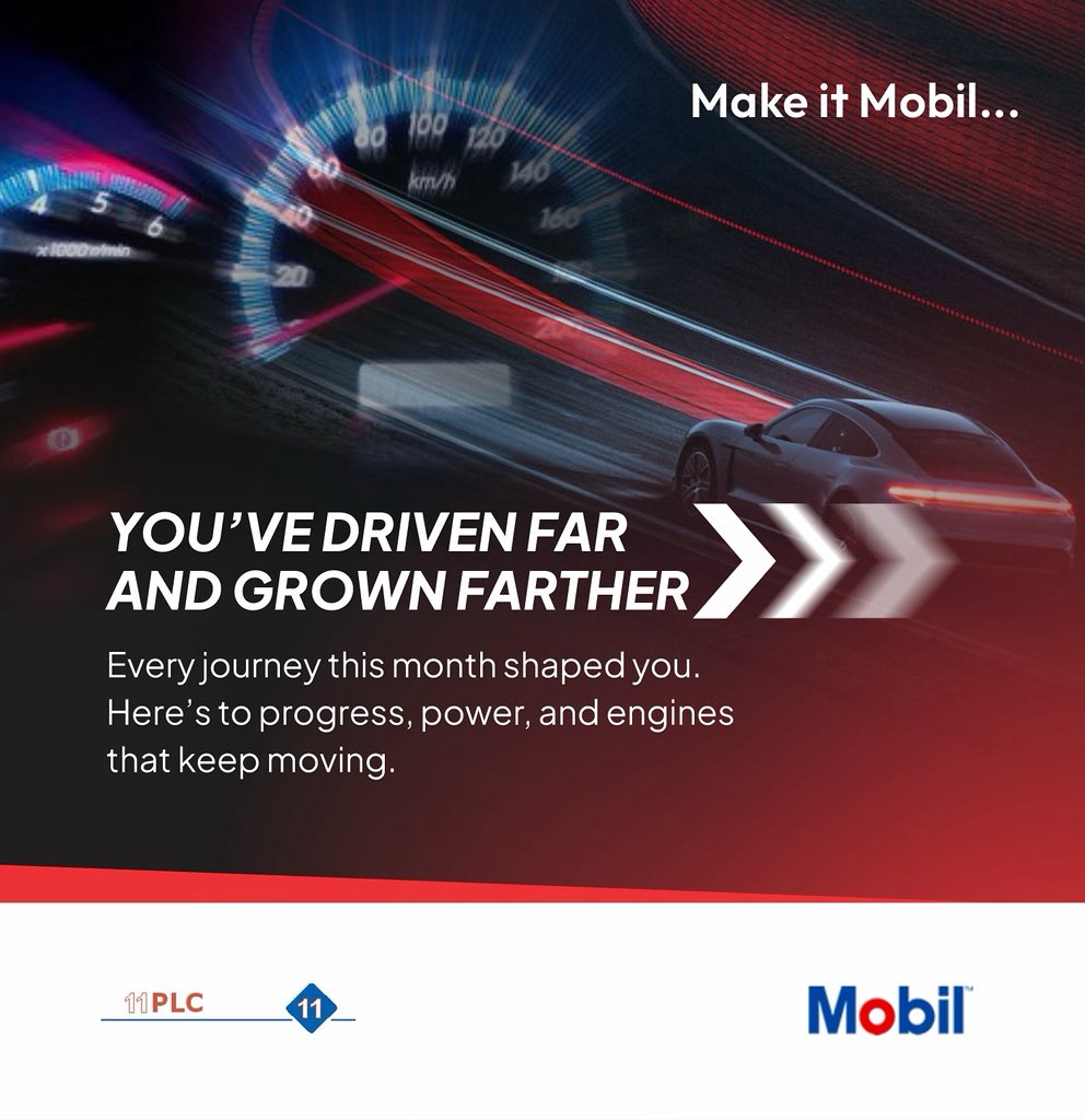 11PLC's tweet image. Every journey leaves its mark not just on the road, but on who you become.
This month was about power, precision, and persistence. Here’s to keeping that momentum alive. 🛣️

#Mobil #PowerInMotion #DriveBeyondLimits #PerformanceThatLasts #FuelYourJourney #MobilKenya