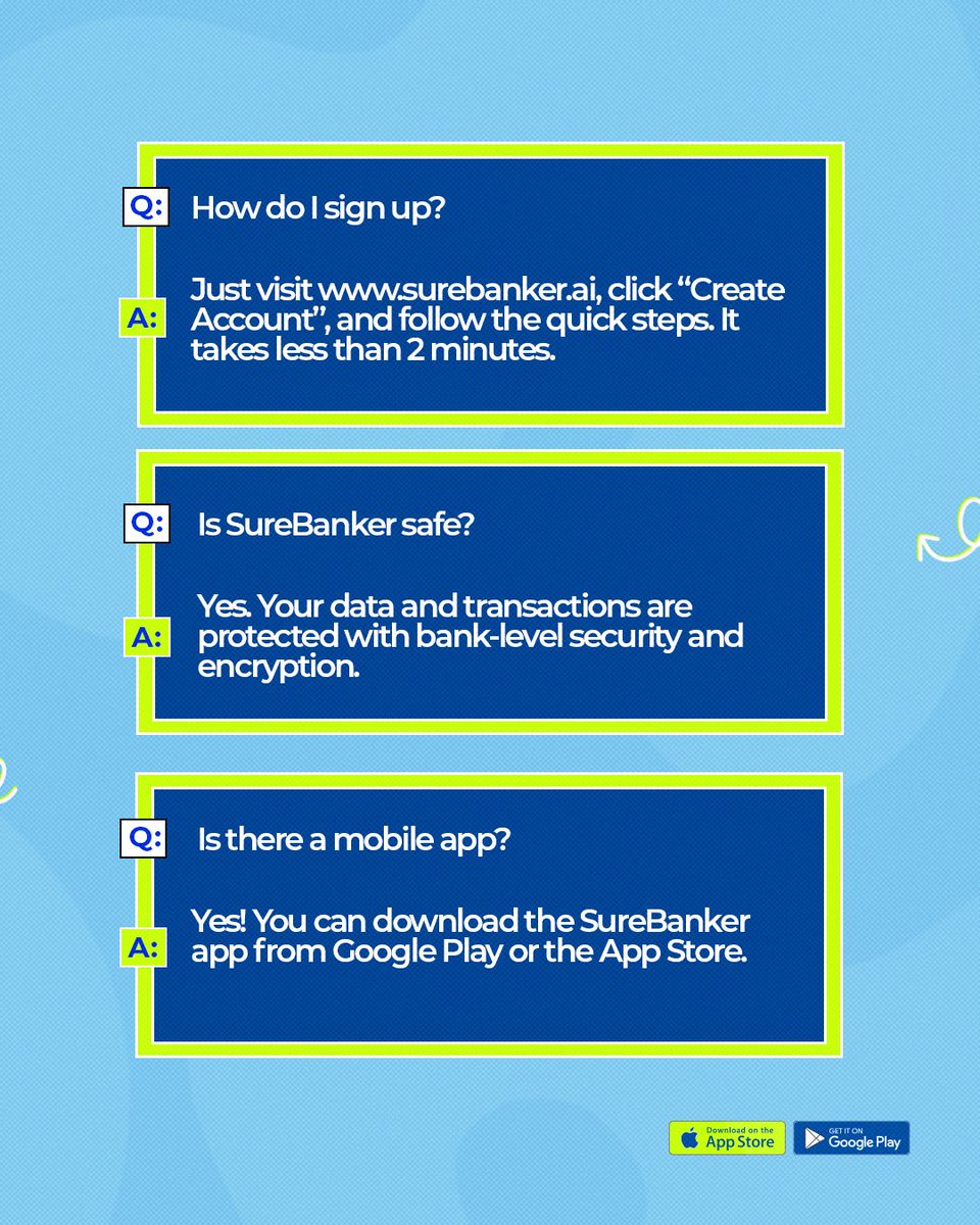 Let’s answer some questions we know has been on your mind….FAQ SureBanker questions!.

Download the SureBanker app now!

#SureBanker #SmartBanking #MoneyMadeEasy #GrowYourMoney #BankingWithoutStress #DigitalBanking #FinancialFreedom #BankSmart #NaijaFinance #fintechnigeria