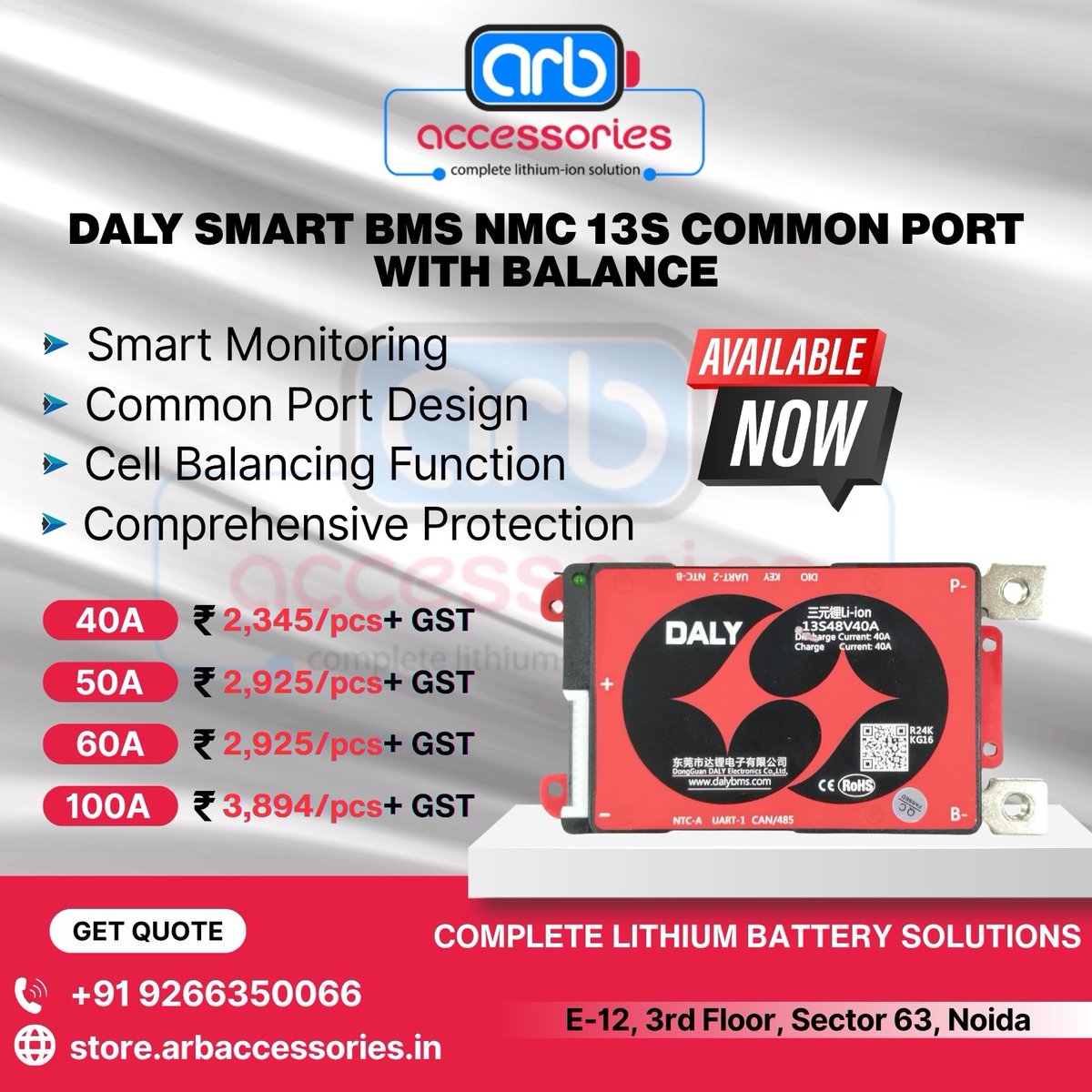 arb_ltd's tweet image. ⚡ DALY Smart BMS NMC  🔋

🔹 DALY SMART BMS NMC 14S Common Port with Balance – 40A, 50A, 60A
🔹 DALY SMART BMS NMC 13S Common Port with Balance – 40A, 50A, 60A, 100A

🛒 Buy Now
store.arbaccessories.in/category/daly-…

#Arbaccessories #DALYBMS #SmartBMS #NMCBMS #BatteryManagement #EVBattery