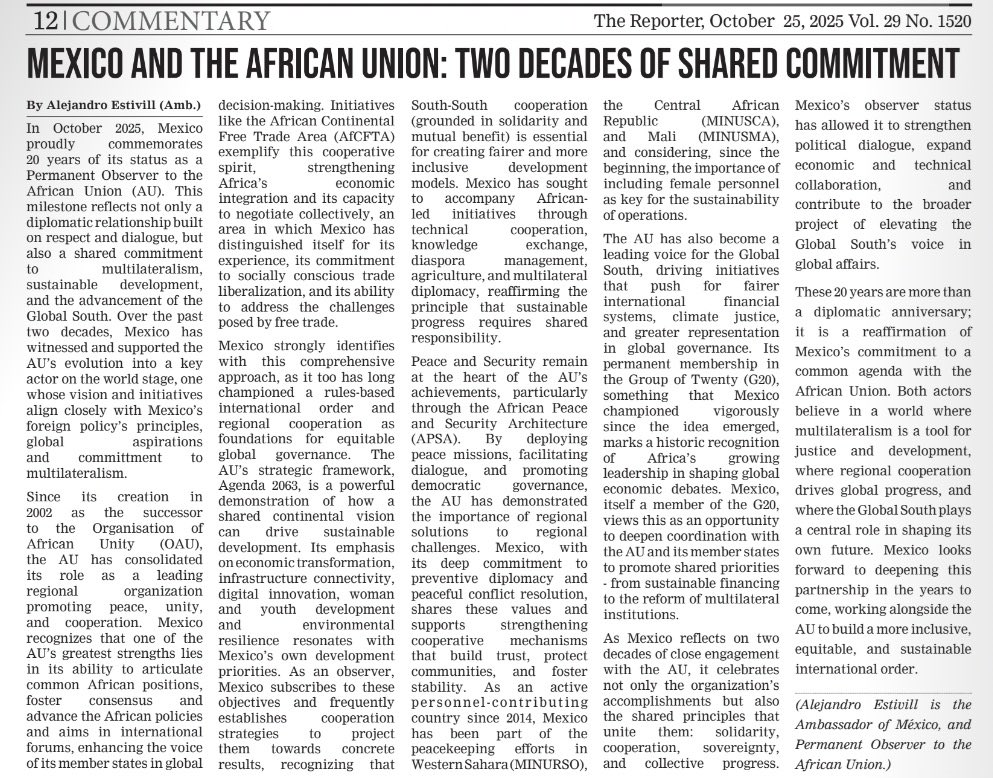 Aniversario 20, México es Observador Permanente de la UA; uno de los primeros países que obtuvieron esa posición. Es un honor estar en esta etapa de consolidación de nuestras relaciones con una cercanía especial con el presidente <a href="/ymahmoudali/">Mahmoud Ali youssouf</a> 
Esto es lo que se relata en el
