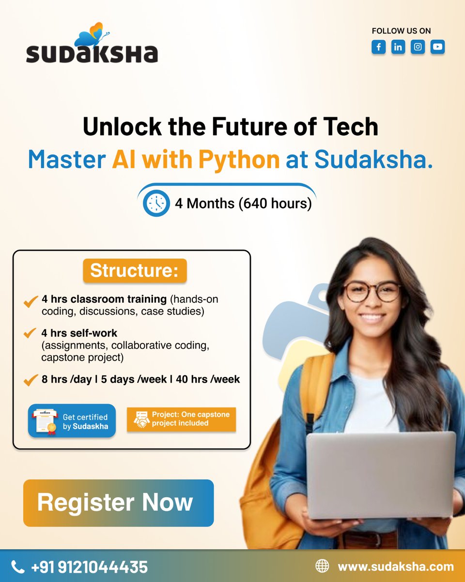 sudakshaLearn's tweet image. Unlock the Future of Tech!
Get certified | 💻 Learn from experts | 🔥 Build a capstone project

Register Now! sudaksha.com

#AIwithPython #AIML #Sudaksha #TechCareer #LearnAI #PythonProgramming #UpskillNow #CareerGrowth #AITraining #FutureReady
