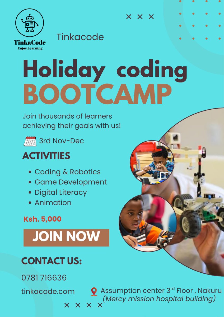 tinkacode's tweet image. Join us this holiday to explore the world of Technology through coding, game development and Robotics. We shall be holding our sessions in different places such as Nakuru, Nairobi, Rongo and Migori.
We also have online sessions for a bit older learners from 14yrs