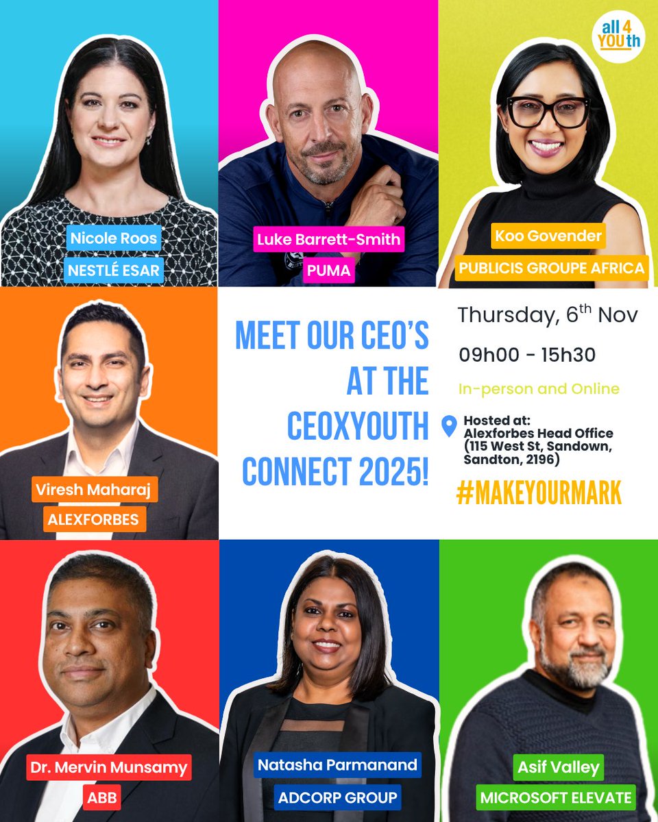 It’s time to #MakeYourMark ✨ Join us for CEOxYOUth Connect 2025 a day of bold conversations, inspiration, and connection with Africa’s top leaders. 

📅 6 Nov 

🎟️ Get your free tickets: 

Online Tickets: quicket.co.za/events/340225-… 
In-person Tickets: quicket.co.za/events/338531-…