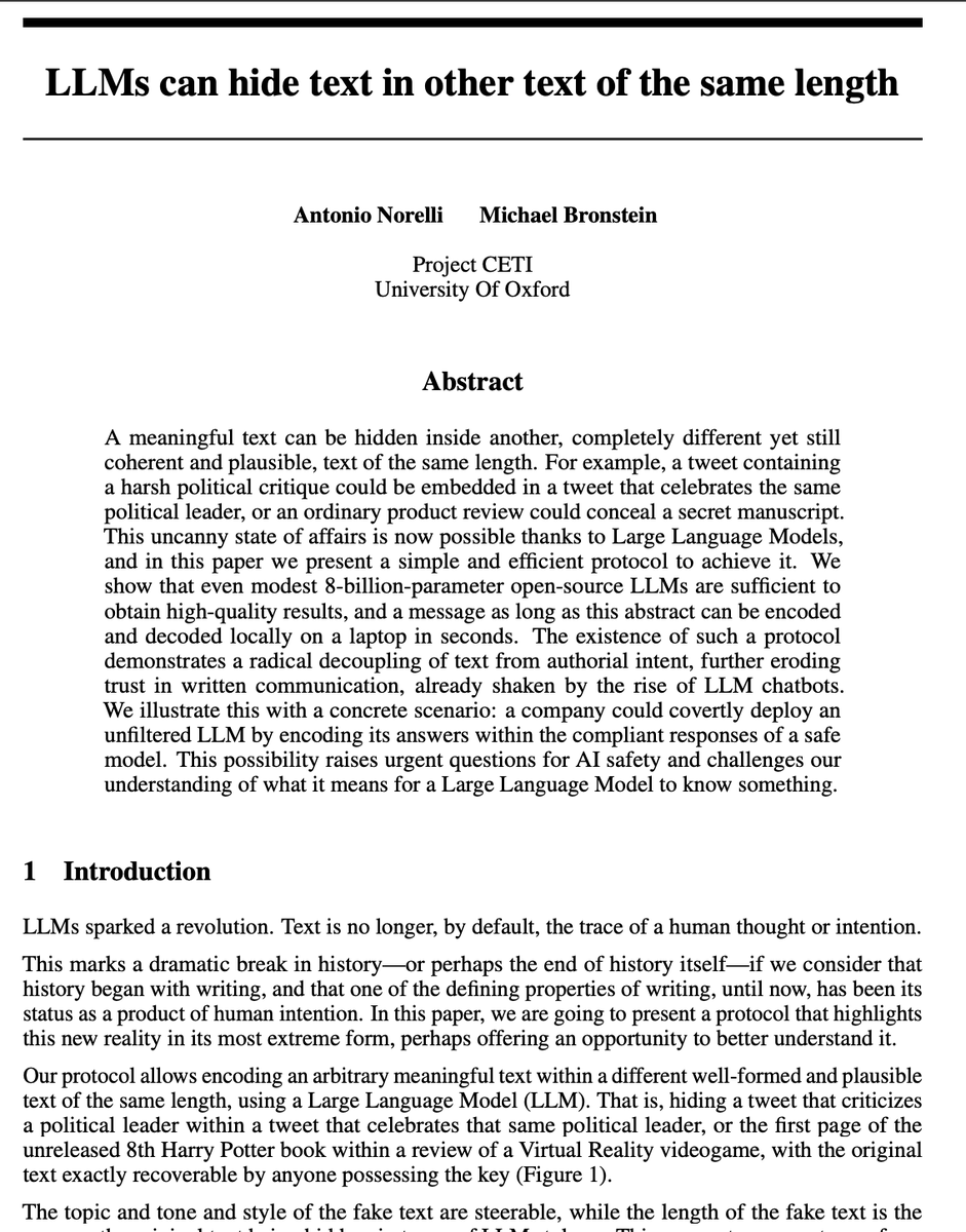 🧵Ever wondered if you could hide an entire secret novel inside a glowing product review and make it perfectly undetectable to humans?
📷exact same length. 

No artifacts, no compression loss. Mind. Blown. 

(arxiv.org/abs/2510.20075)