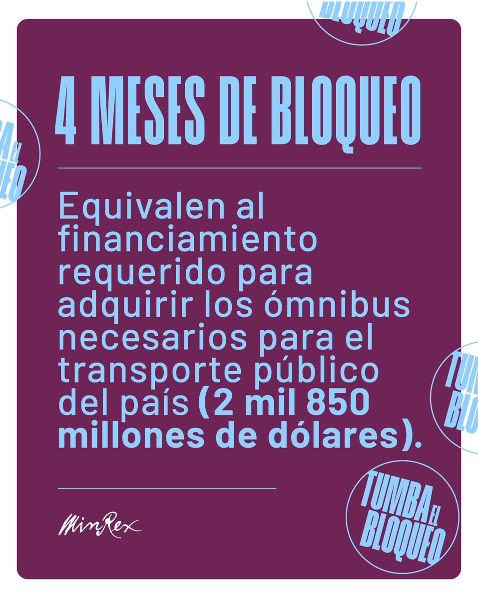 El bloqueo económico contra #Cuba tiene consecuencias medibles en el desarrollo nacional:

4 meses de bloqueo equivalen a:
❌ 2850 millones de dólares
❌ Flota completa de ómnibus para el transporte público del país

#TumbaElBloqueo
<a href="/CubaMINREX/">Cancillería de Cuba</a>