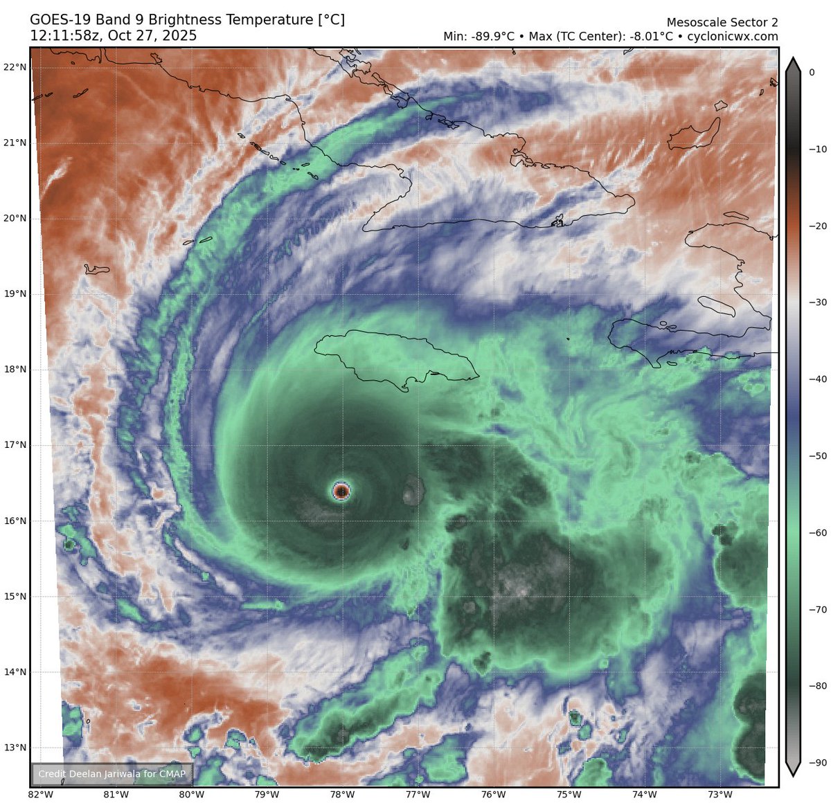 RECORD! With WV temperature of -8.01*C, Hurricane #Melissa's eye is the driest ever recorded in the Atlantic. The previous record holder was Hurricane #Erin which occurred earlier this year, at -8.05*C.