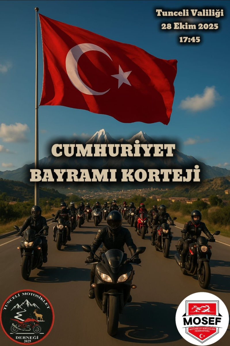 🇹🇷 *TUNCELİ TARİH YAZIYOR!* 🇹🇷  
Cumhuriyetimizin 102. yılında, *Tunceli Valiliği* himayelerinde ve *Tunceli Motosiklet Derneği* öncülüğünde bir ilke imza atıyoruz!
🇹🇷 YAŞASIN CUMHURİYET! 🇹🇷
<a href="/sefikaygol/">Şefik AYGÖL</a> <a href="/TunceliValiligi/">T.C.Tunceli Valiliği</a>