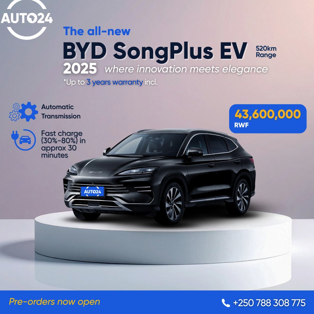 Auto24Rwanda's tweet photo. 520 KM Range. ~30 Min Fast Charge. The 2025 BYD Song Plus is ready to redefine your drive. ⚡️
Experience the innovation of the Blade Battery: next-gen safety, power, and zero emissions.
Get details & reserve yours: 📞 +250 788 308 775
#BYDSongPlus #ElectricVehicle #Kigali #Auto24