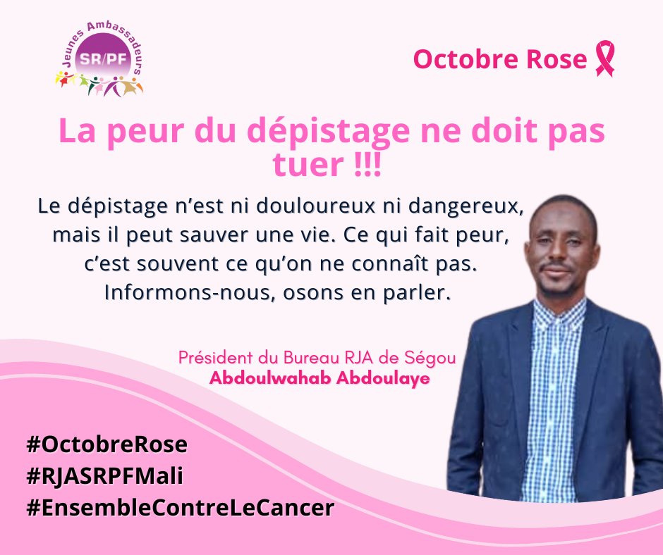 La peur du dépistage ne doit pas tuer. 

Le dépistage n’est ni douloureux ni dangereux, mais il peut sauver une vie. Ce qui fait peur, c’est souvent ce qu’on ne connaît pas. Informons-nous, osons en parler. 

#OctobreRose
#RJASRPFMali 
#EnsembleContreLeCancer 
#followers