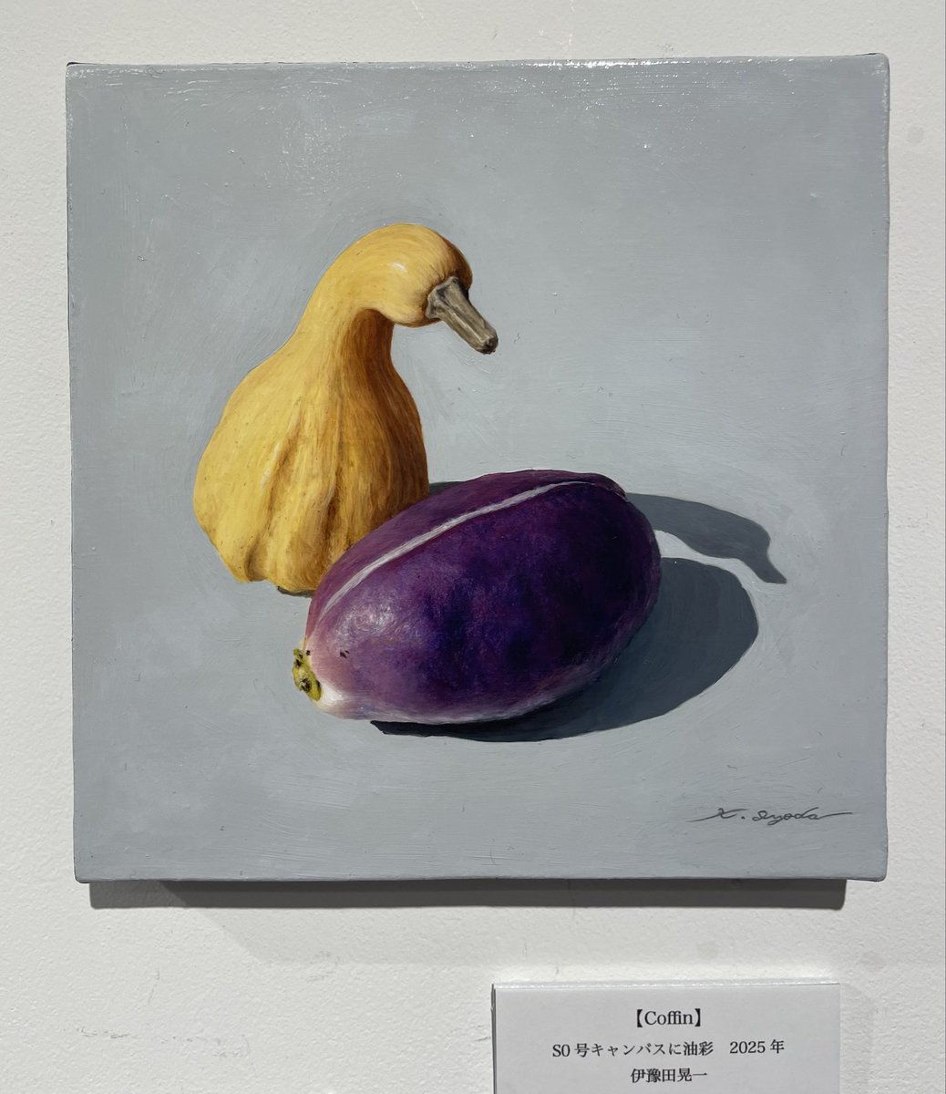 伊豫田晃一先生新作展示中！「棺」と名付けられた作品『Coffin』には、横たえられたアケビの隣で、かぼちゃが静かに佇んでいます。うなだれているのか、悼んでいるのか、覗き込むかのように😨11月3日まで。 #伊豫田晃一 #koichiiyoda <a href="/locus_solus/">Koichi Iyoda</a>  #novantiqua <a href="/novantiqua_pf/">NOVANTIQUA 額装家</a>