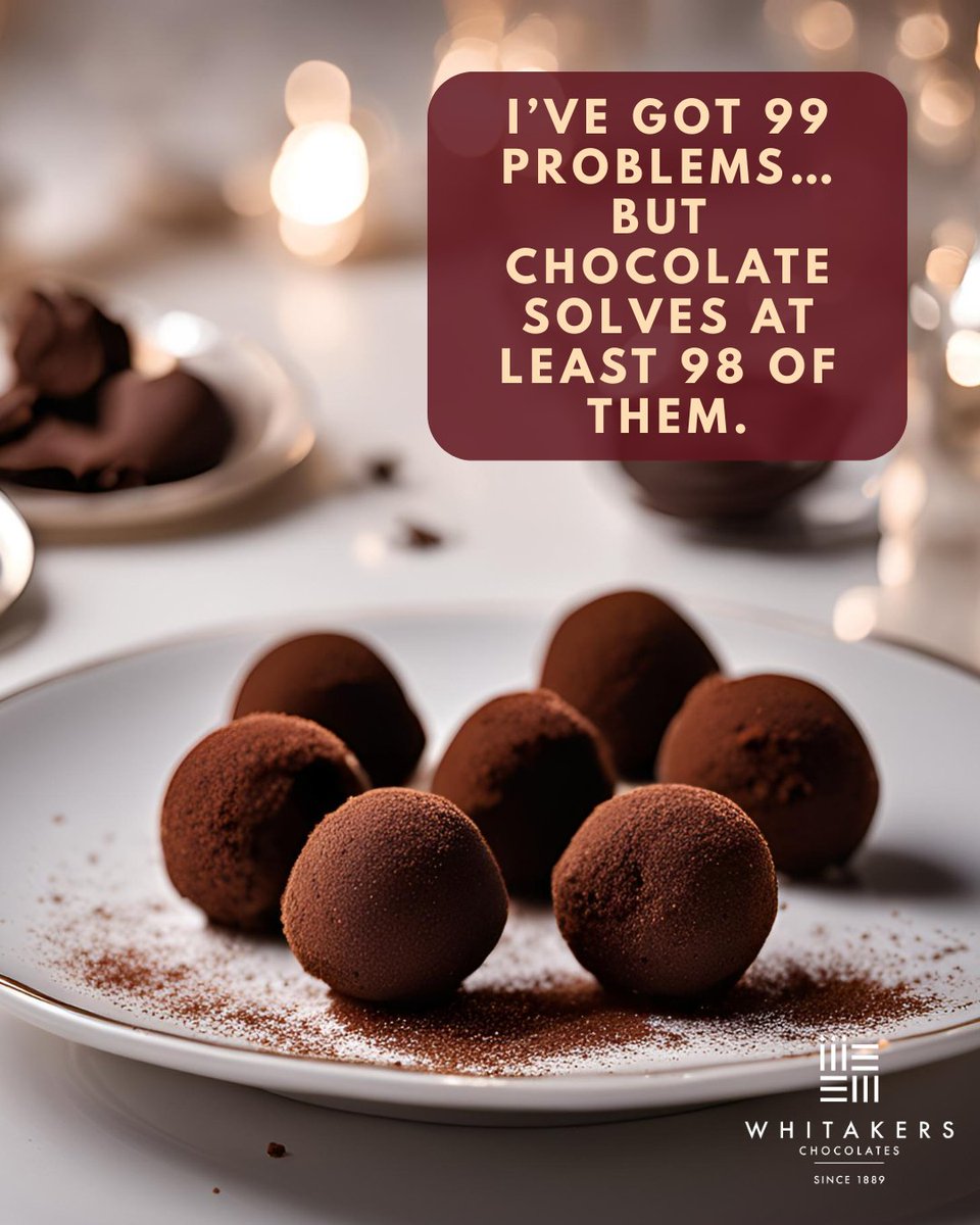 WhitakersChocs's tweet image. I’ve got 99 problems…
…but chocolate solves at least 98 of them. 😉🍫✨

For the last one? Probably just need more chocolate. 😅

#WhitakersChocolates #ChocolateHumour #SweetSolutions #ChocolateFix #ChocolateLovers #TreatYourself