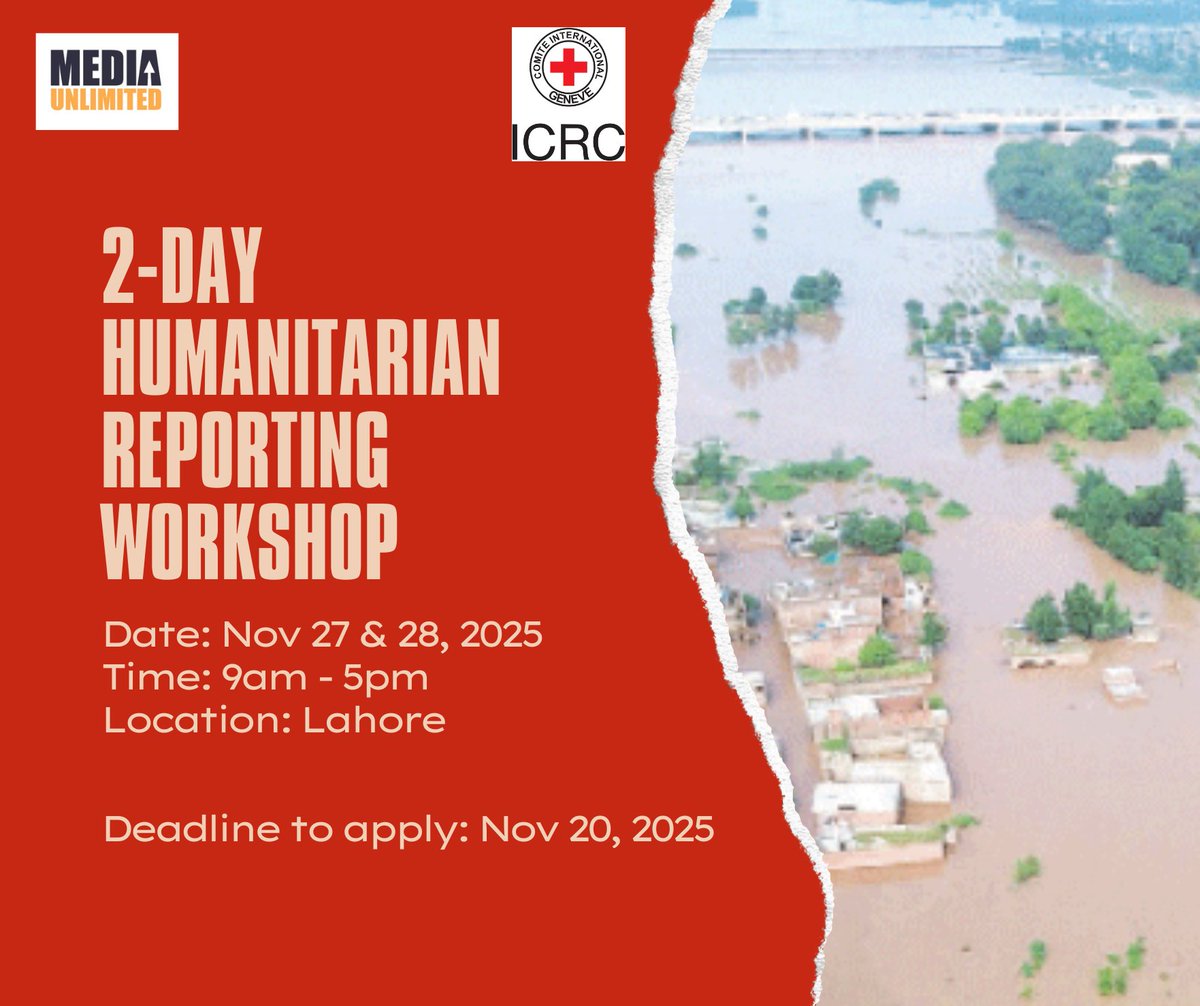 Media Unlimited and ICRC Pakistan are coming to Lahore with Humanitarian Reporting for Journalists. Learn how to report with accuracy, empathy and respect during humanitarian crises.
Register at: forms.gle/nmQT1yU8UmxJet…
