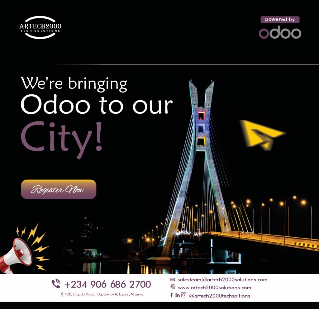 Artech2000_Tech's tweet image. We’re bringing Odoo to Lagos! 🎉

Join us as we showcase how Odoo transforms businesses with smart, connected and scalable solutions.

Don’t miss out, Register now and be part of the digital transformation! 🚀

👉 Click here register Now:- bit.ly/47vGHqc