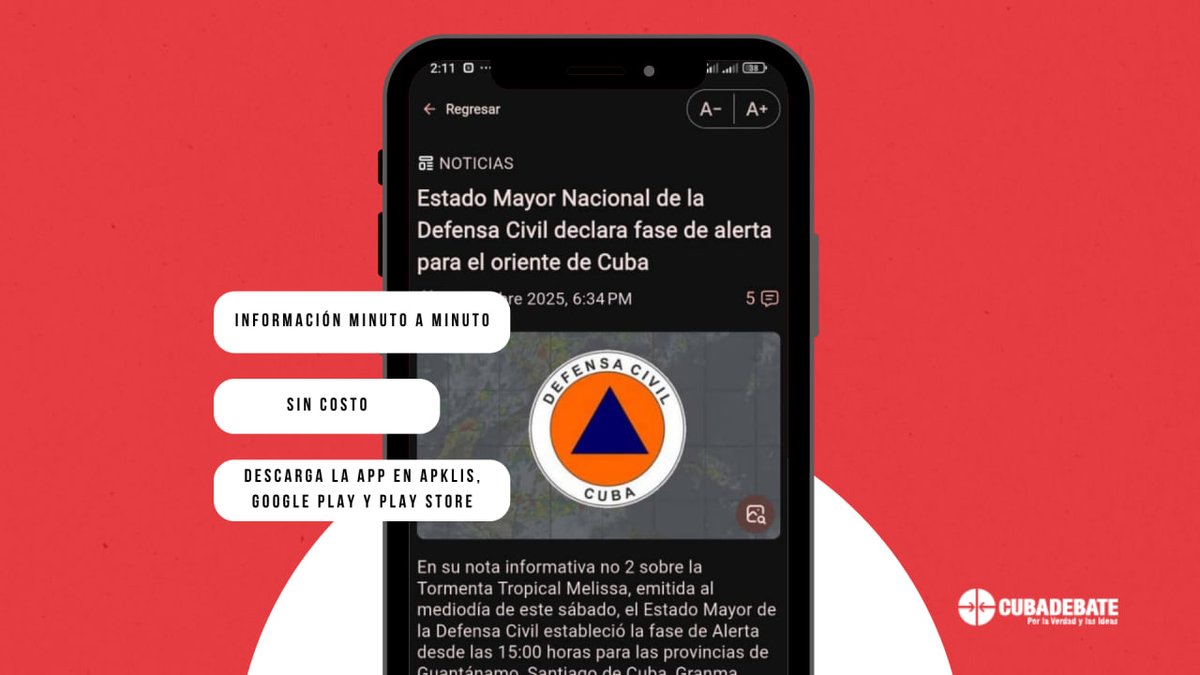 Ante la necesidad de mantener a la población informada sobre las posibles afectaciones del huracán Melissa en Cuba, Cubadebate, en conjunto con ETECSA, anuncia que la aplicación móvil de Cubadebate tendrá acceso sin costo durante este período.